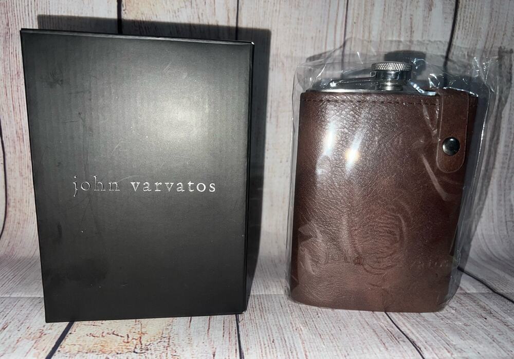 John Varvatos Stainless Steel 8 oz. Pocket Flask w/Brown Faux Leather Sleeve NIB